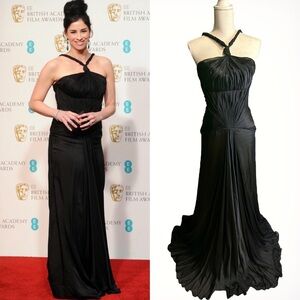 Celeb Worn Rafael Cennamo Silk Black Twist Strap Halter Neck Pleated Gown Size 4